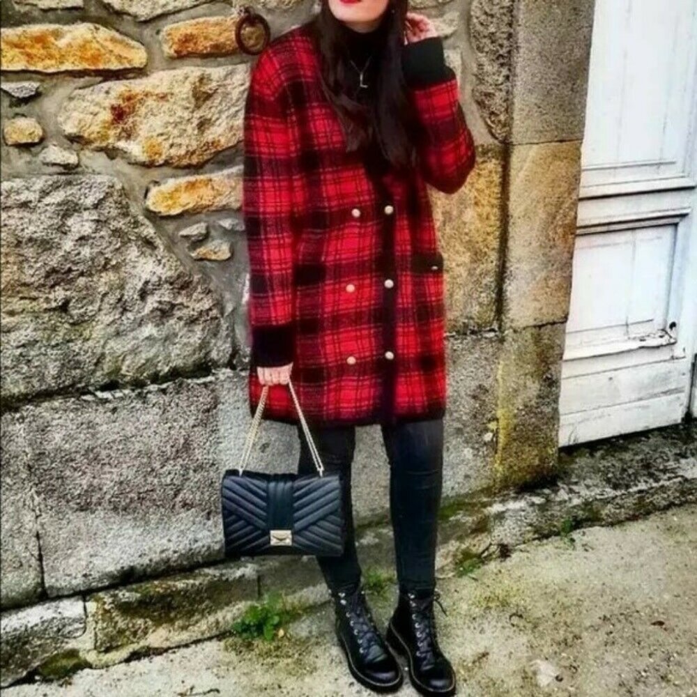 Zara Plaid Double Breasted Sweater Coat - Picture 2 of 8